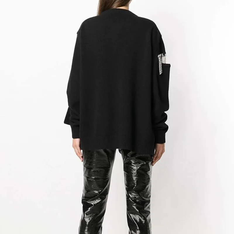 YNZZU Rhinestone Tassel Chic Women's Sweater 2019 Spring Casual Hollow O Neck Women Pullovers Loose Jumper pull femme YT511 | Женская