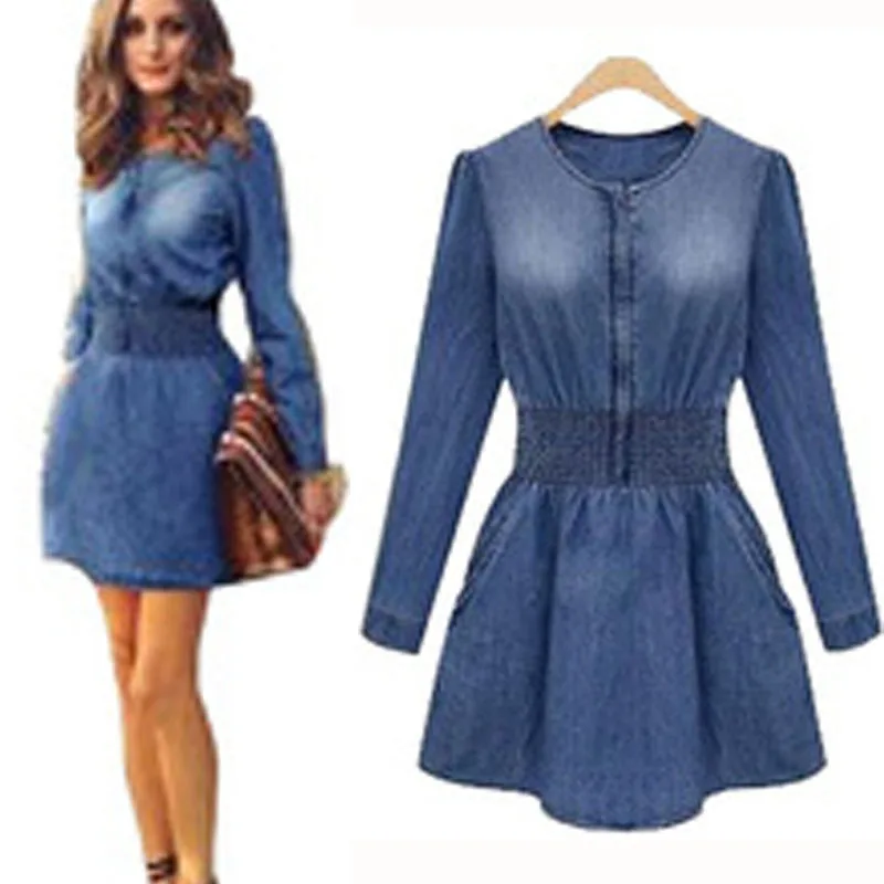 Women Jeans Dress Elegant Autumn Long Sleeve Slim Waist Denim Dresses Party Office Vestidos Plus Size | Женская одежда