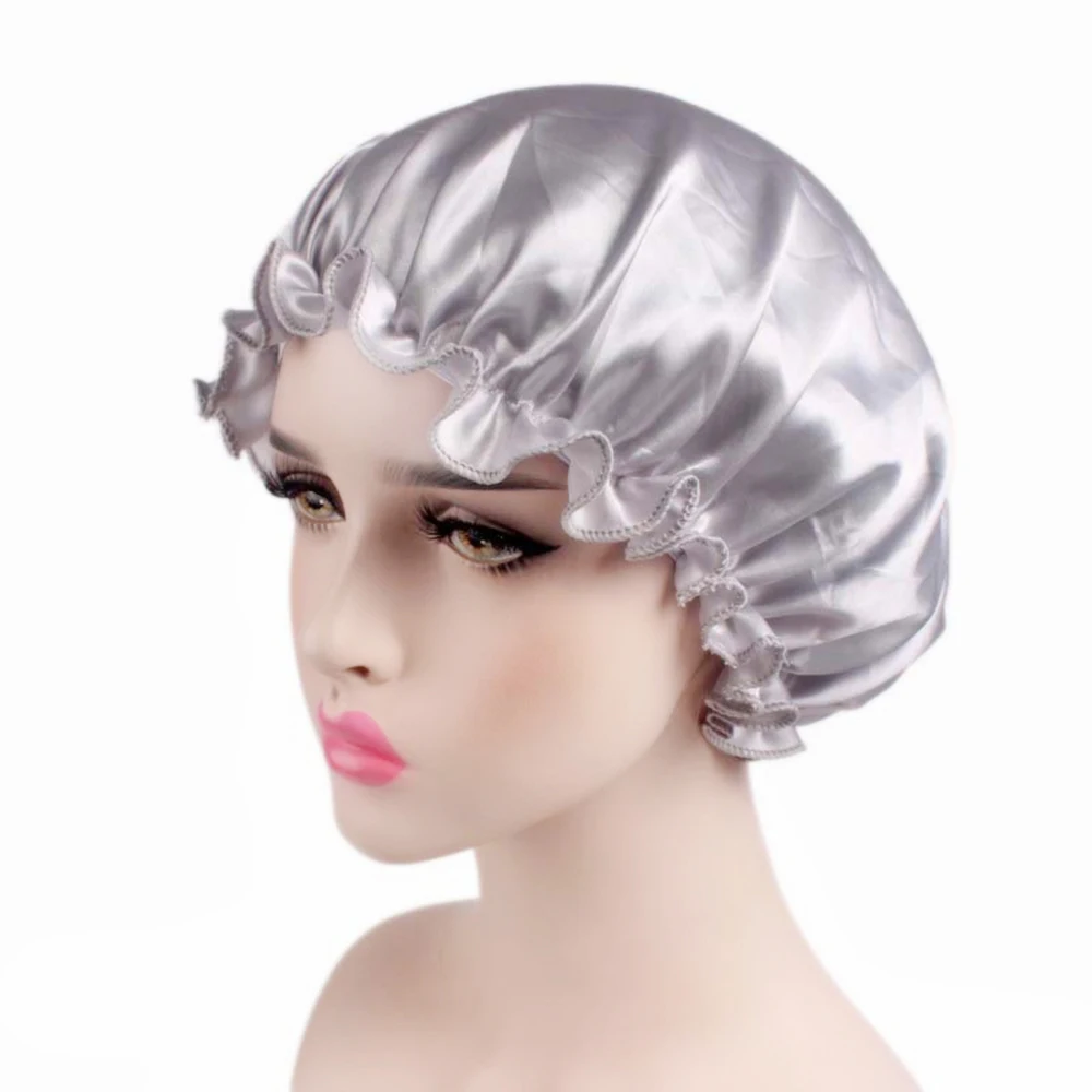 sliver color Шляпа для душа для женщин, одноцветная Женская атласная шапочка, шелковая шапочка для головы, Регулируемая Шапочка для душа s, Новинка - Цвет: sliver color