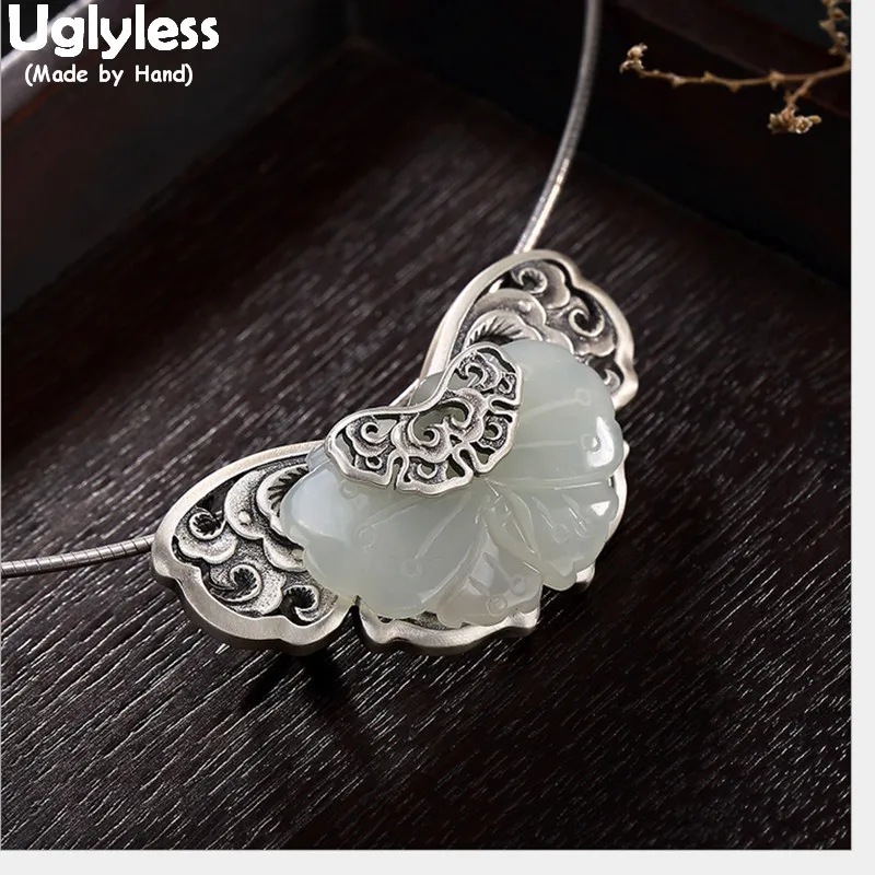 Uglyless Real Solid 925 Sterling Silver Ethnic Hollow Butterfly Brooches for Women Jade Butterflies Pins Dual Use Pendant Bijoux