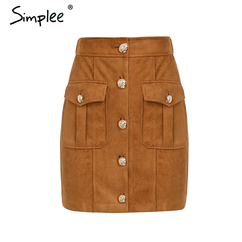 Camel Женская мини юбка Simplee А-силуэт, однобортная юбка с высокой талией для осени/зимы, повседневная юбка high-street с карманами - Цвет: Camel