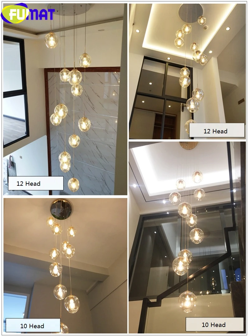 FUMAT MODO Ball Glass Spiral Staircase Villa Ceiling Lamps LED Stair Lamp Light Penthouse Chandeliers Cognac Gray Blue Fixture