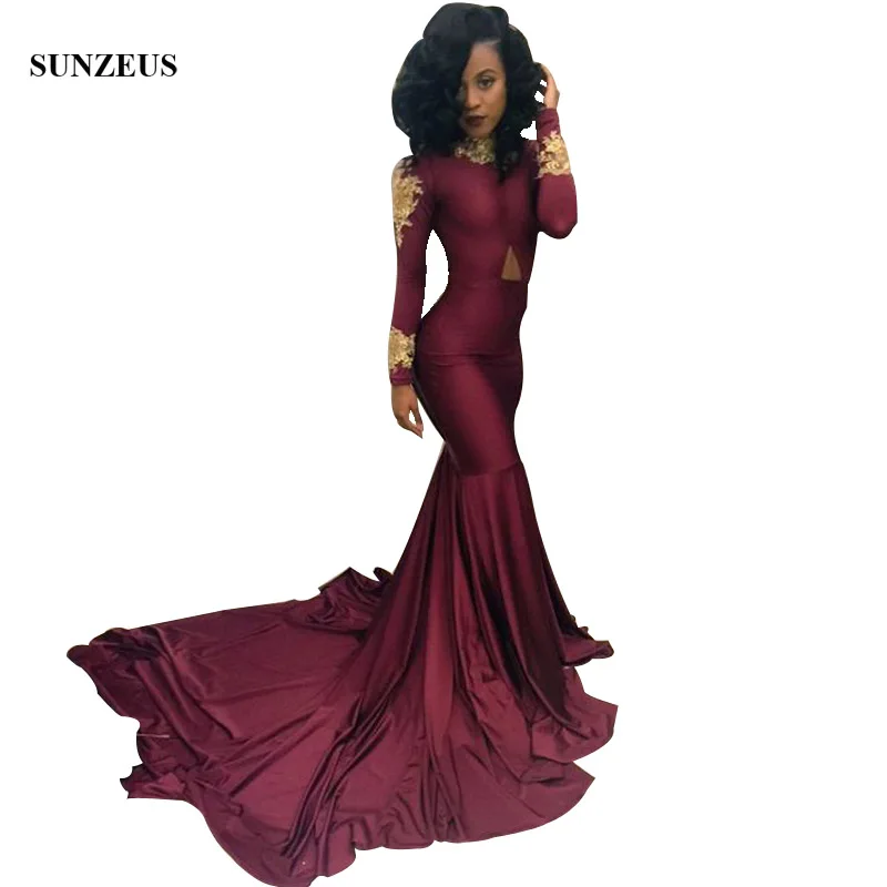 

Mermaid Long Sleeve Burgundy Prom Dresses Long High Neck Gold Lace Appliques Keyhole Front Party Dresses Jersey Gowns S1190