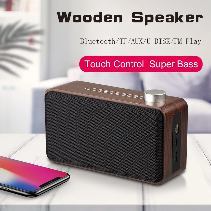 Сенсорный деревянный Bluetooth динамик супер бас портативный сабвуфер Музыка