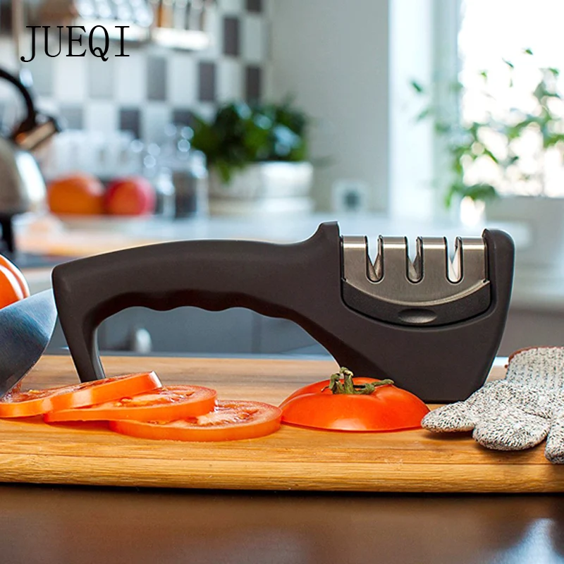 

JueQi Knife Sharpener for Straight and Serrated Knives, 3-Stage Diamond Coated Wheel System, Sharpens Dull Knives Quickly, Safe