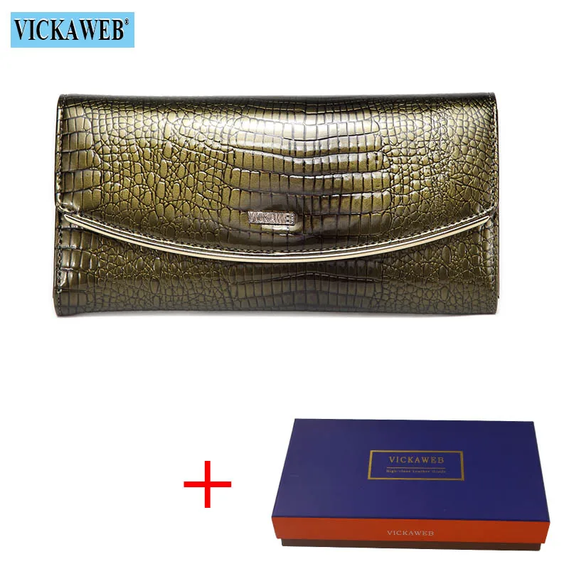 Green Wallet and Box VICKAWEB кошелек, Женский кошелек из натуральной кожи, Женский кошелек на застежке и молнии, модные женские кошельки и кошельки из кожи аллигатора, длинный клатч VK9202 - Цвет: Green Wallet and Box