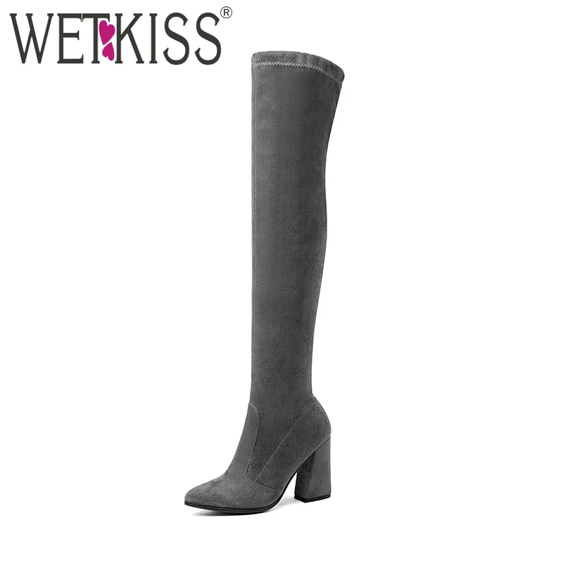 Женские Эластичные ботфорты WETKISS Зимние на толстом высоком каблуке большие