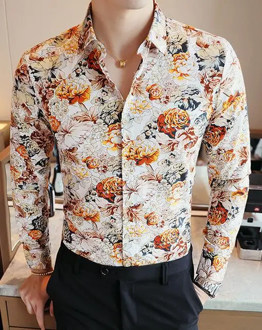 Men's Shirts Retro Floral Printed Man Casual Slim Shirt Fashion Classic Men Dress Shirt Men's Long Sleeve Brand Clothing - Color: NO.3