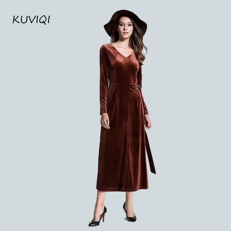 Europe and the United States high-end new V-neck long-sleeved Slim was thin velvet long dress female | Женская одежда
