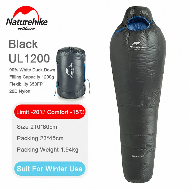 UL 1200 Black Naturehike спальный мешок на утином пуху, зимний спальный мешок для кемпинга, сверхлегкий спальный мешок, сохраняющий тепло, туристическое снаряжение для взрослых, NH17U120-L - Цвет: UL 1200 Black