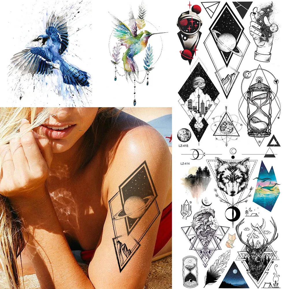 

Geometric Universe Black Robot Fake Waterproof Tattoos Temporary Women Body Art Painting Tattoo Stickers Men Peak Tatoo Sheets