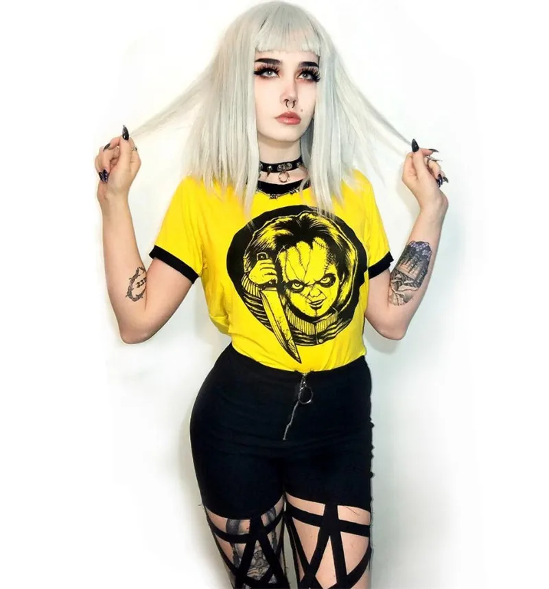 W-Yunna/Новинка, Модный женский укороченный топ, футболка, ужасный принт, вечерние футболки на Хэллоуин, с круглым вырезом, обтягивающая с короткими рукавами, Череп, Camiseta Mujer