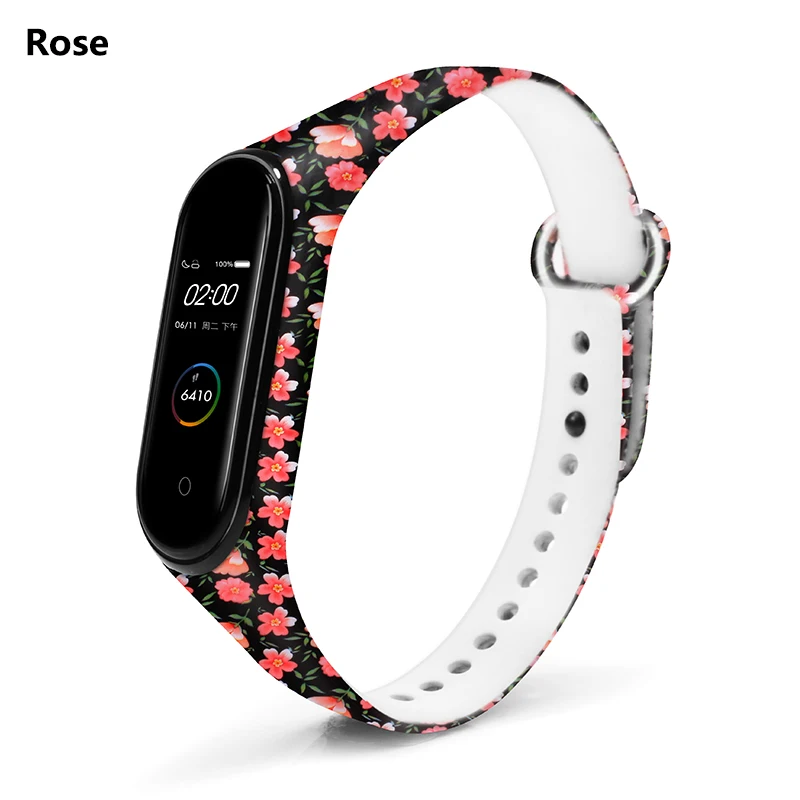 Rose BOORUI Mi band 4 ремешок для xiaomi mi band 4 аксессуары pulsera inteligente силиконовый пояс с цветами Замена для m4 band - Цвет: Rose