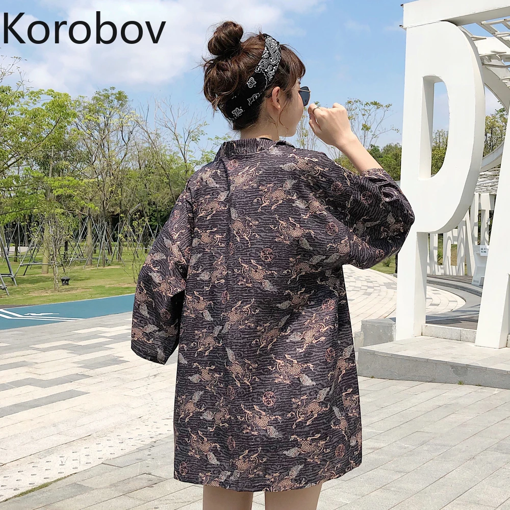 Коробов Хараджуку Винтажная Рубашка с Картунами для Женщин, Свободного Покроя, с Корсетной Шнуровкой, Кимоно, Кардиганы, Блузы, Стиль Уличной Одежды, С Распашным Воротником, Блуза 77989