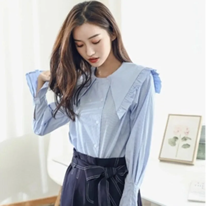 TWOTWINSTYLE Striped Tops Female Large Size Flare Long Sleeve Peter Pan Collar Patchwork Shirt For Women 2018 Autumn Fashion New |