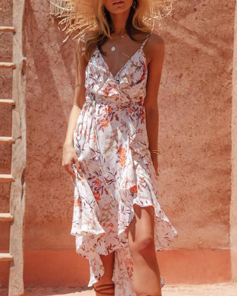 Для женщин Boho Цветочный принт вечерние короткий рукав платье на бретельках с v