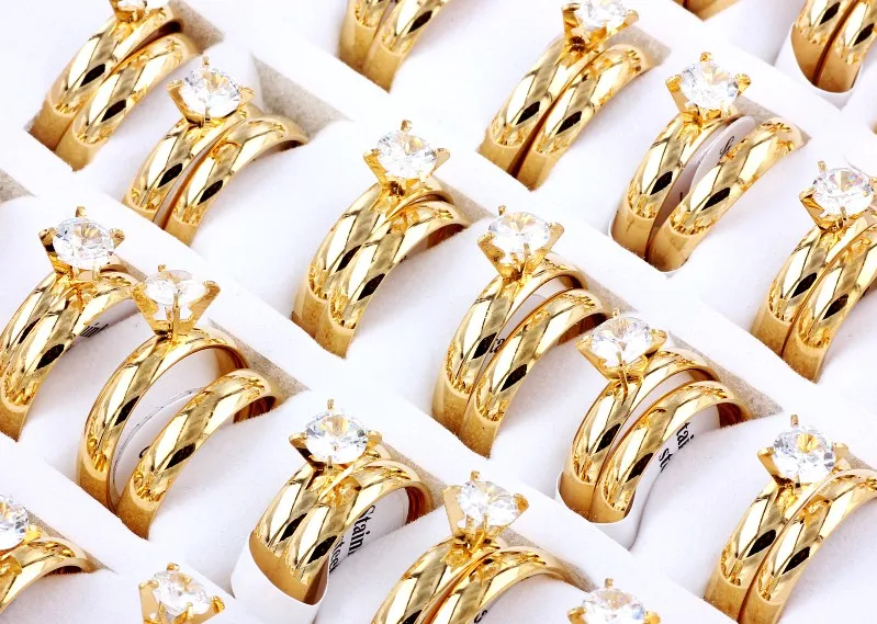 Wholesale Bulk Couple rings Women's 12Sets Gold CZ Stone Husband Birthday Xams Gift Men's Fashion Valentine's Wedding ring |