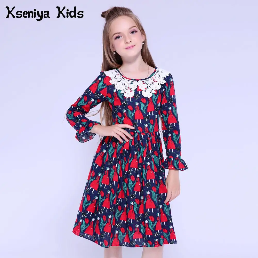 Kseniya kids/платье для девочек с длинным рукавом и принтом лепестков, хлопковые платья на выпускной для девушек, кружевное платье для маленьких девочек, одежда принцессы для девочек