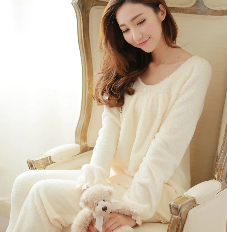 Aesthetic prinsty thickening coral fleece lace lounge set flannel sleepwear