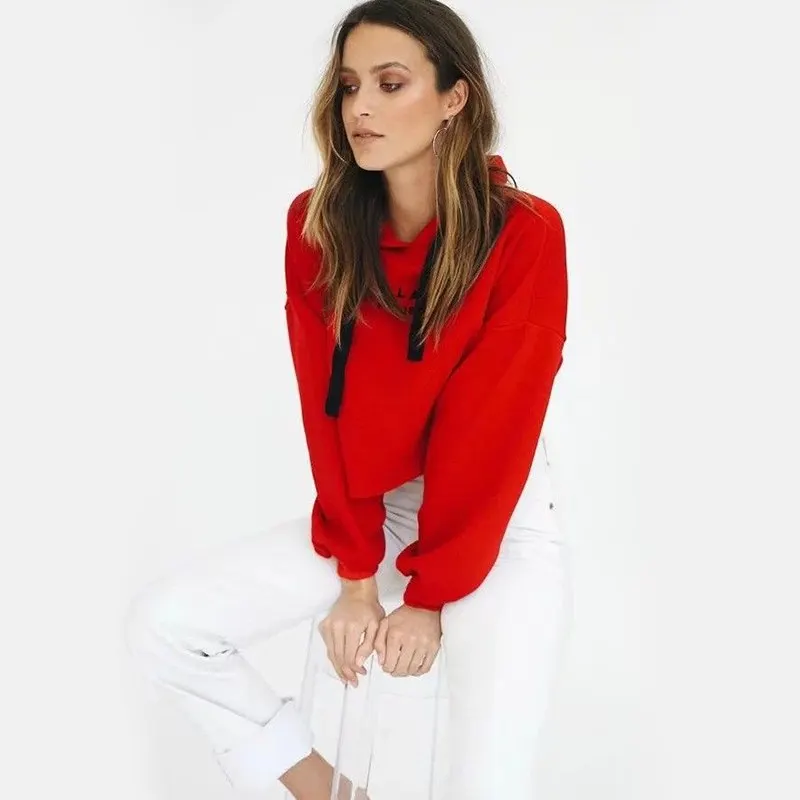С буквенным принтом короткие с капюшоном Для женщин Sweatshrits женские свободные