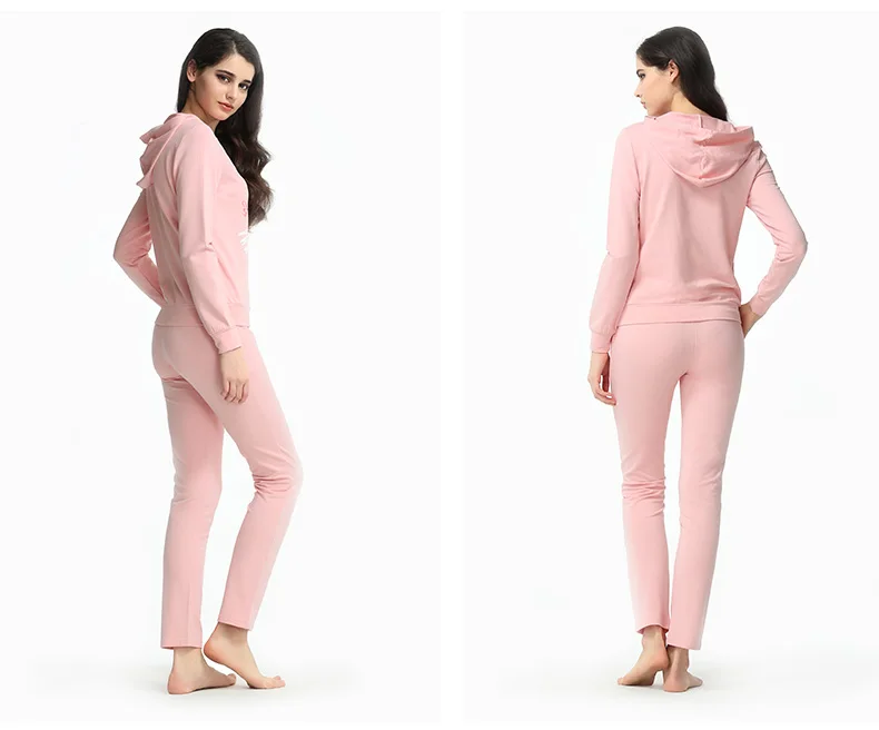 Pink Осенний домашний пижамный комплект Piajama для пары на каждый день, Женский хлопковый пижамный комплект, женская футболка с длинным рукавом и капюшоном+ штаны - Цвет: Pink