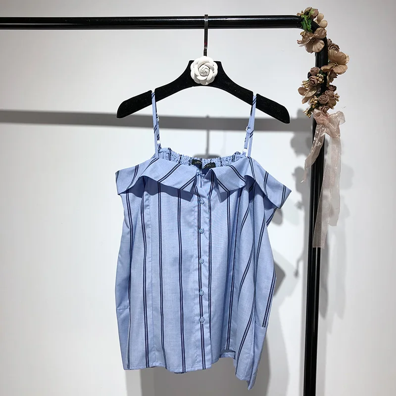 Новинка 2018 топ на бретельках с воротником-лодочкой полосатый открытыми плечами