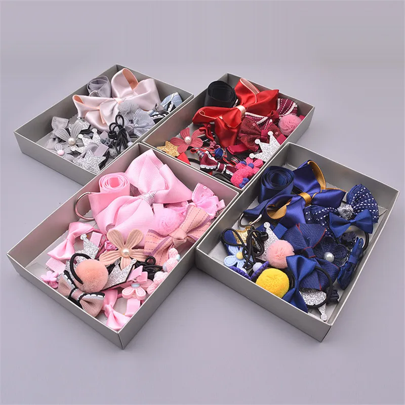 1 Set(17pcs) Mix Style Girls Hair Bows Kits with Full Covered Clips Hairclips Ties Crown Kids' Accessories | Детская одежда и