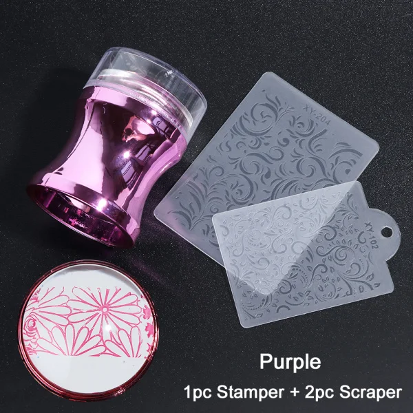 Purple 3 шт Желейный силиконовый скребок для нейл-арта с крышкой, металлическая ручка, шаблон для ногтей, порошок, изображение, пластина для переноса, набор инструментов LA1033 - Цвет: Purple