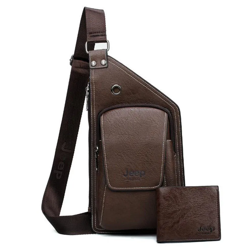 633-W002 Brown Мужские нагрудные сумки, комплект из 2 предметов, JEEP BULUO, брендовая летняя Дорожная сумка на ремне для мужчин, разделенная кожаная сумка для тела, высококачественные мужские сумки - Цвет: 633-W002 Brown