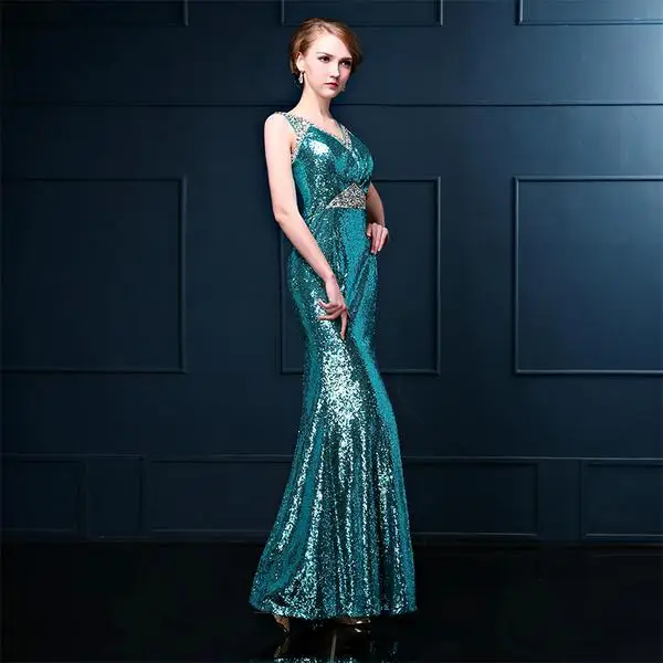 На Складе 2016 Дешевые Зеленый Русалка Вечерние Платья Блестками Кружева V