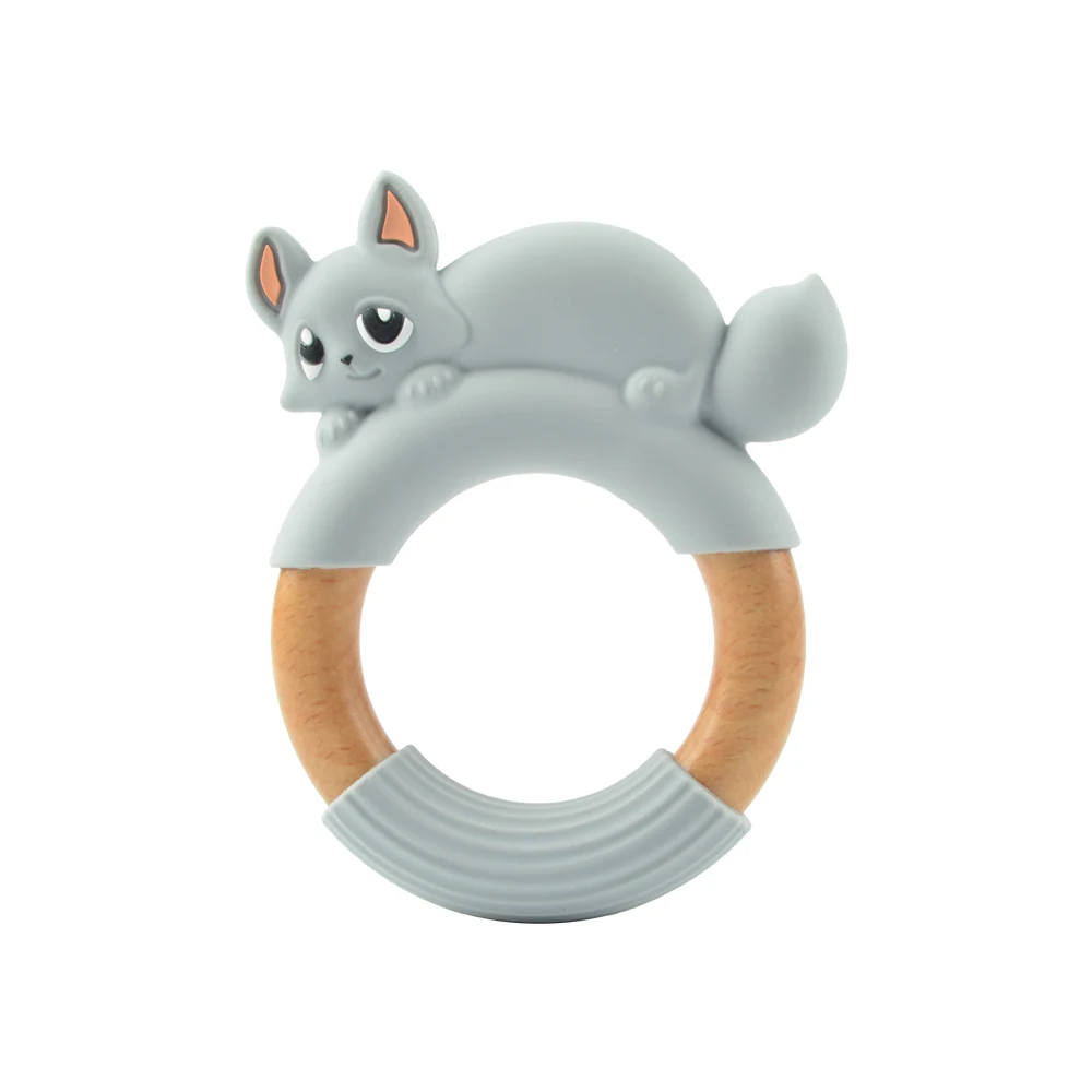 Silicone Fox Panda Teether Wooden Ring BPA Free Nursing Accessories Chewable Wooden Baby Teethers Natural Safe Necklace Bracelet - Цвет: light grey
