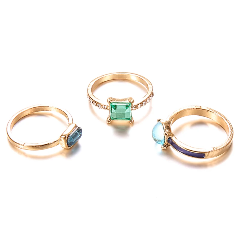 3 Pcs/Set Simple Crystal Gem Drop Square Geometry Gold Joint Ring Women Fashion Party Wedding Jewelry Accessories | Украшения и