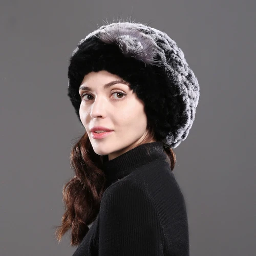 grey and white Женская Повседневная натуральная шапка из меха кролика Рекс, зимние шапки из меха кролика Рекс, вязаные шапки, настоящий мех кролика, шапка оптом и в розницу - Цвет: grey and white