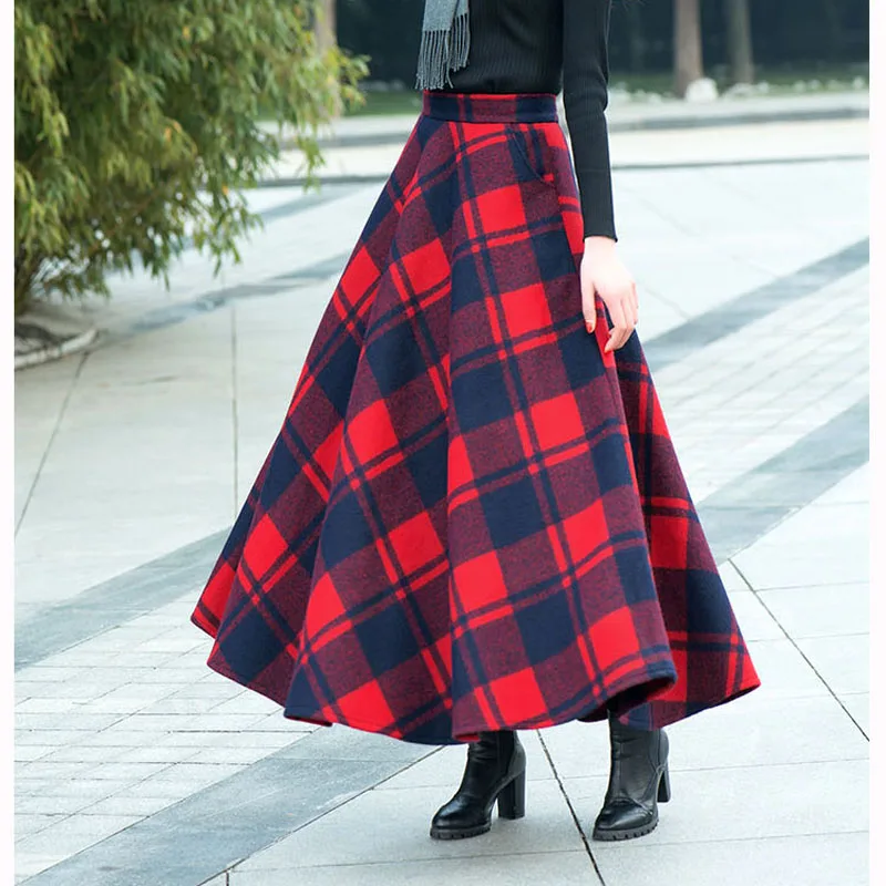 

Зимняя винтажная модная красная шерстяная клетчатая женская юбка Макси трапециевидной формы с высокой талией, модель 2018 размера плюс 6XL 5XL ...