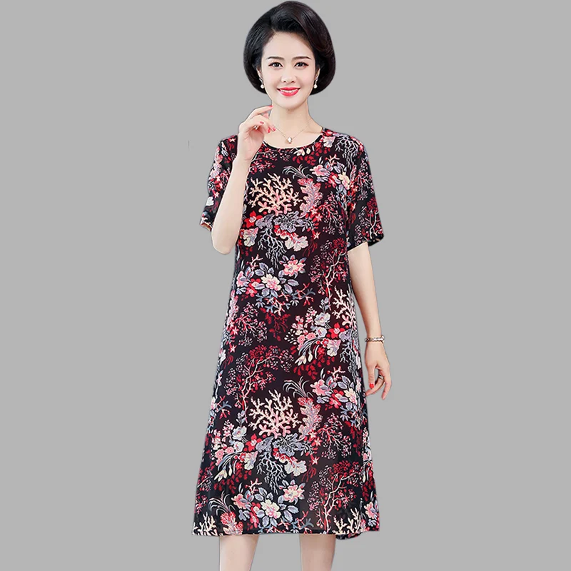 

summer temperament Chiffon Knee-Length dress women vintage Print Large size 5XL Loose dress elegant Short sleeve O-Neck dress