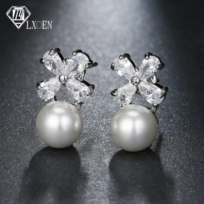 

LXOEN Small Round Pearl Earrings With Flower Cubic Zirconia Stud Earrings Silver Color Korean Earings Jewelry Gift Pendientes