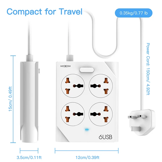MOXOM силовая лента, USB розетка, полоса 10 А, быстрая зарядка, 6 USB удлинительных розеток, 4 розетки, адаптер, ЕС, Великобритания, ЕС, силовая полоса - Тип штекера: KH-63UKW