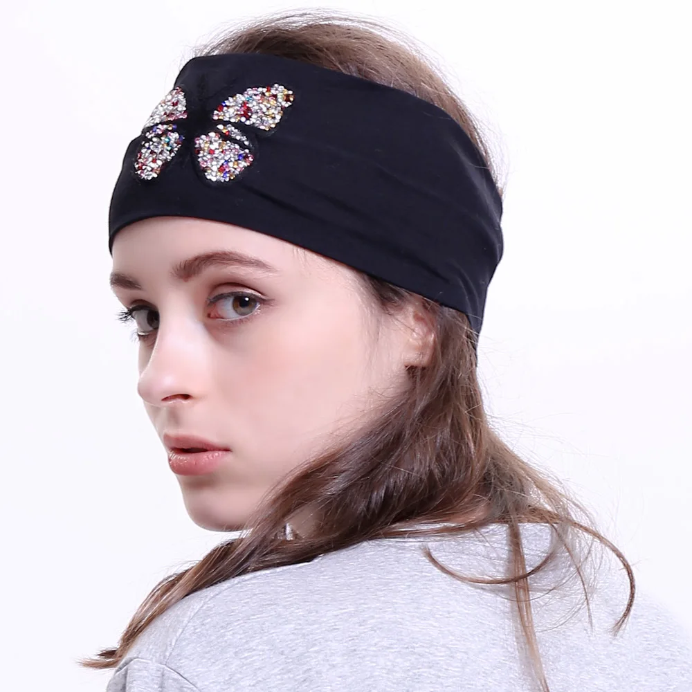 Женские гладкие растяжимые повязки Geebro, модные хлопковые бабочки, эластичная плоская повязка для девочек, блестящая ринестоунами.