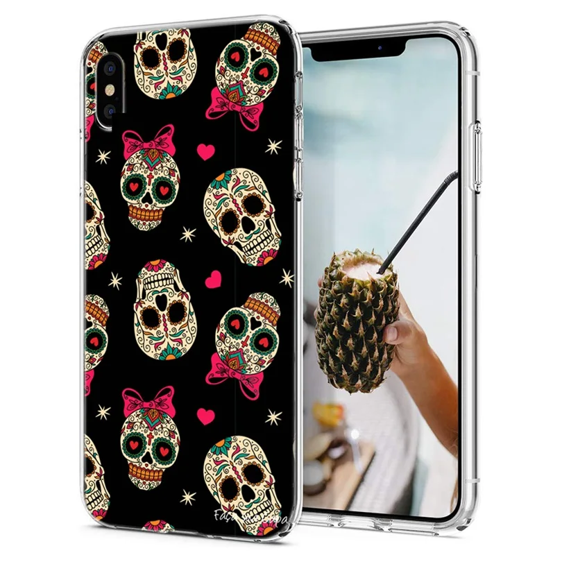 For iPhone 7 8 Plus Soft TPU Cover Design skull unique Cartoon flower X XS XR Max Phone Back Fundas E153 |