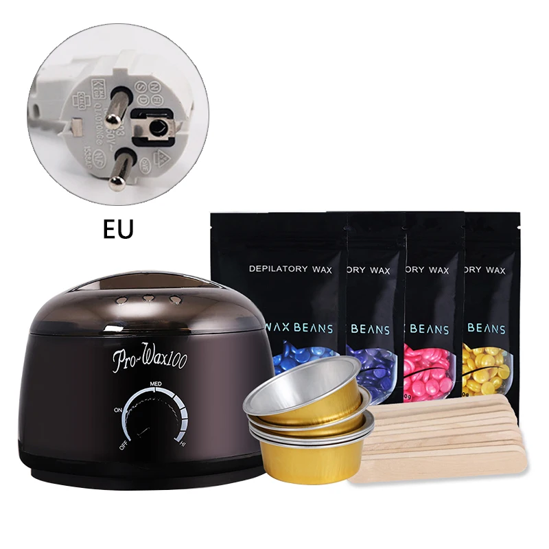 EU plug kit Эпиляция электрический нагреватель для воска машина и эпиляция машина нагреватель с бобовыми бумагами аппликатор палочки воском комплект - Color: EU plug kit