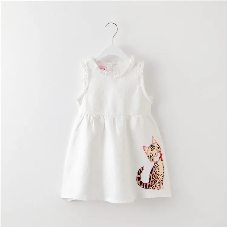 White summer dress children girls simply design cat pattern casual sundresses for 2-8 years kids party | Детская одежда и обувь