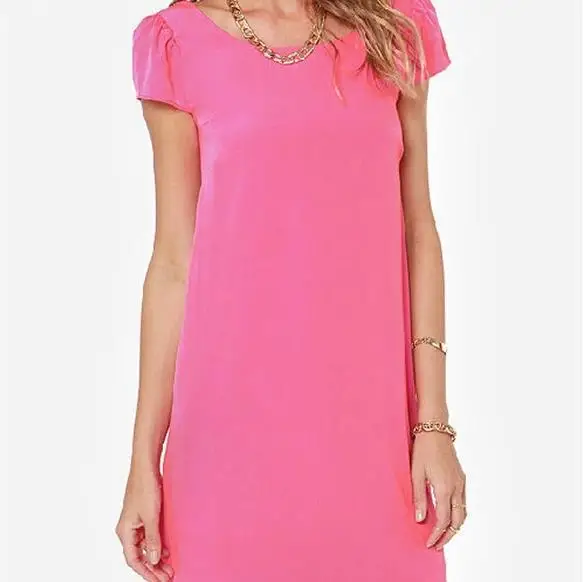 Женское сексуальное мини-платье розовое красное с коротким рукавом и о-вырезом