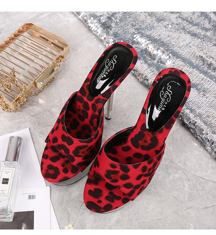 Shoes Woman New Platform Slippers Transparent Crystal Leopard High Heels 15cm Waterproof Shoes Big Size Female Slippers