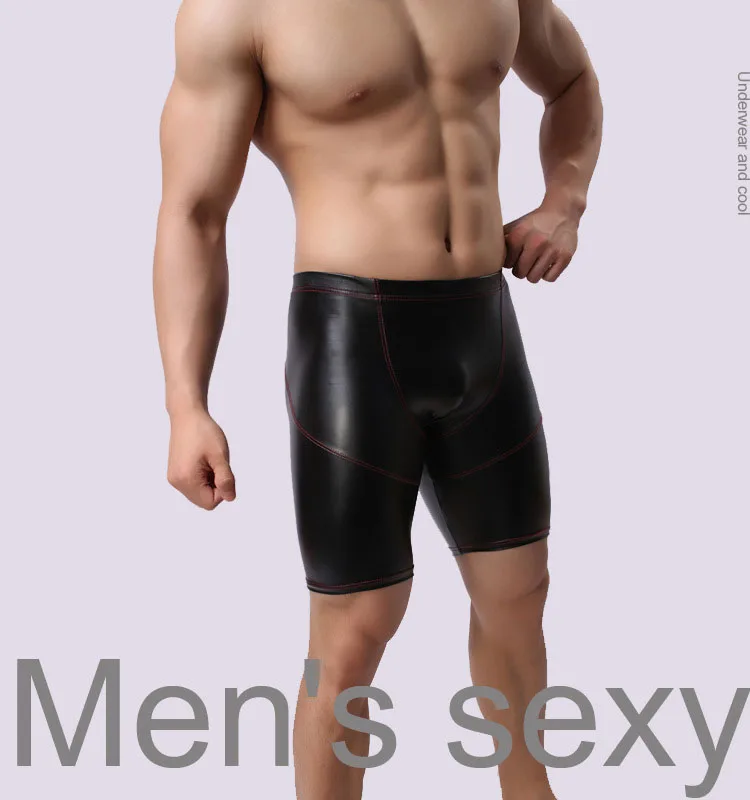

Спортивные модные мужские кожаные сексуальные боксеры, короткое нижнее белье для фитнеса, бодибилдинга