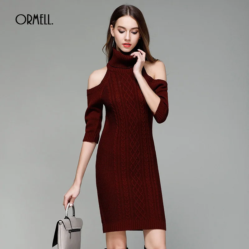 Женское трикотажное платье ORMELL осенне зимнее с высоким воротом и коротким
