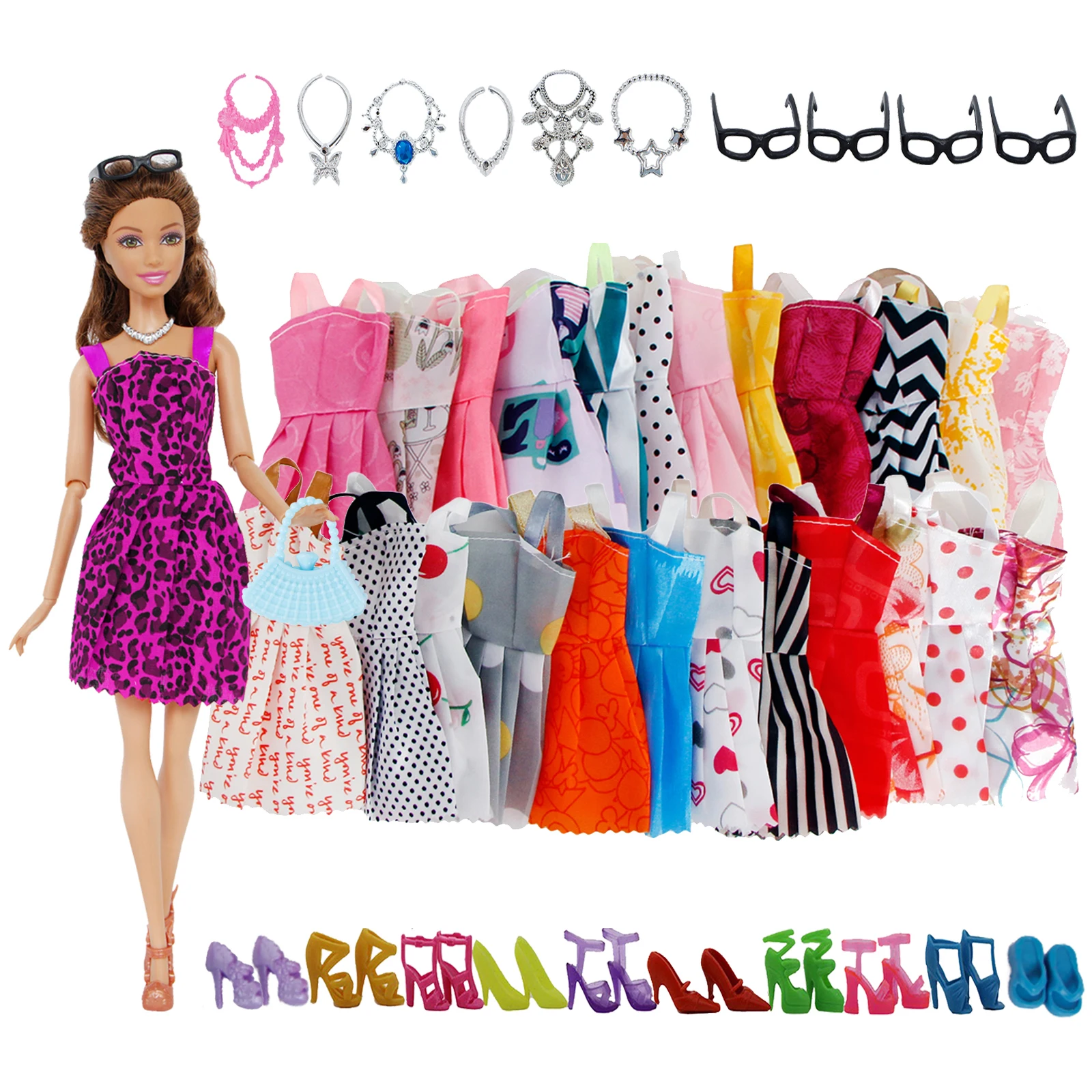Аксессуары для кукол Barbie = 10 шт. платье + 4 очки 6 пластиковых ожерелий 2 сумки пар