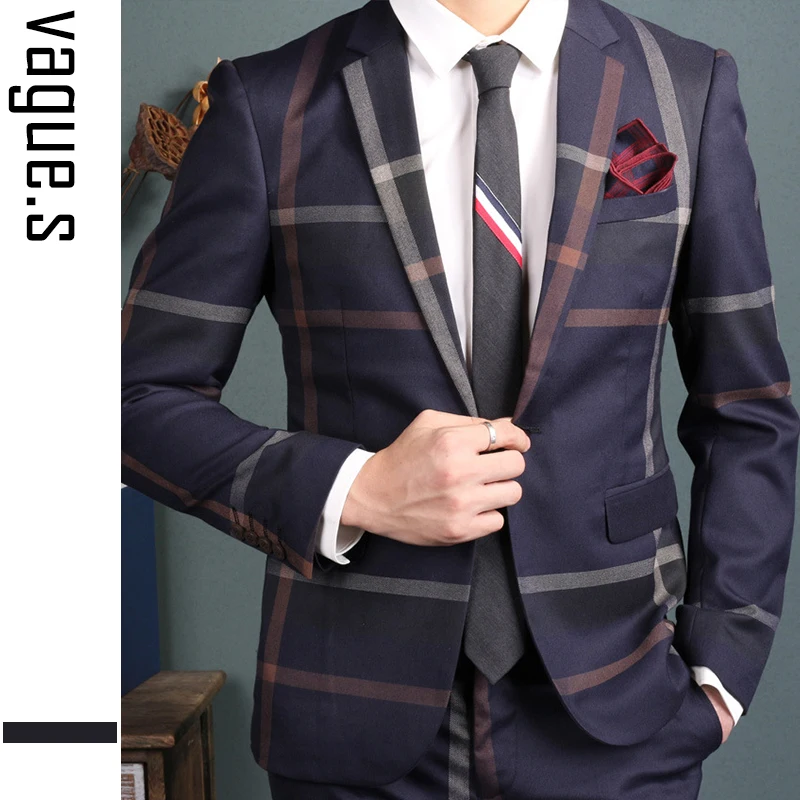 OSCN7 Navy Blue Slim Fit Plaid Suit Men Notch Lapel Business Formal Dress Suits For Fashion Terno Masculino Plus Size | Мужская одежда
