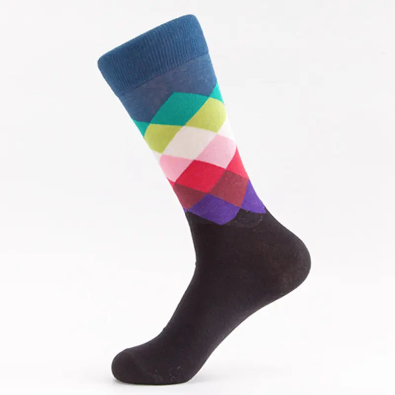 Navy blue-black Мужские носки, хлопковые мужские Носки happy, цветные геометрические ромбовидные носки, Модные дышащие носки из чесаного хлопка - Цвет: Navy blue-black