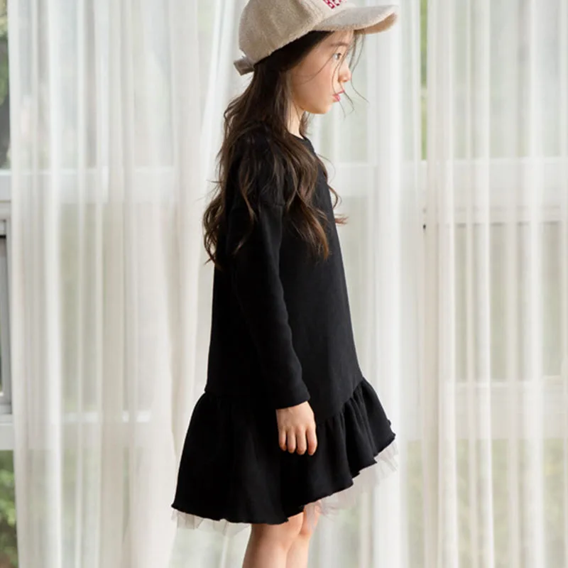 new 2018 mesh patchwork teenage girls long sleeve dresses for kids autumn winter black ruffles sweatshirt dress children clothes | Детская