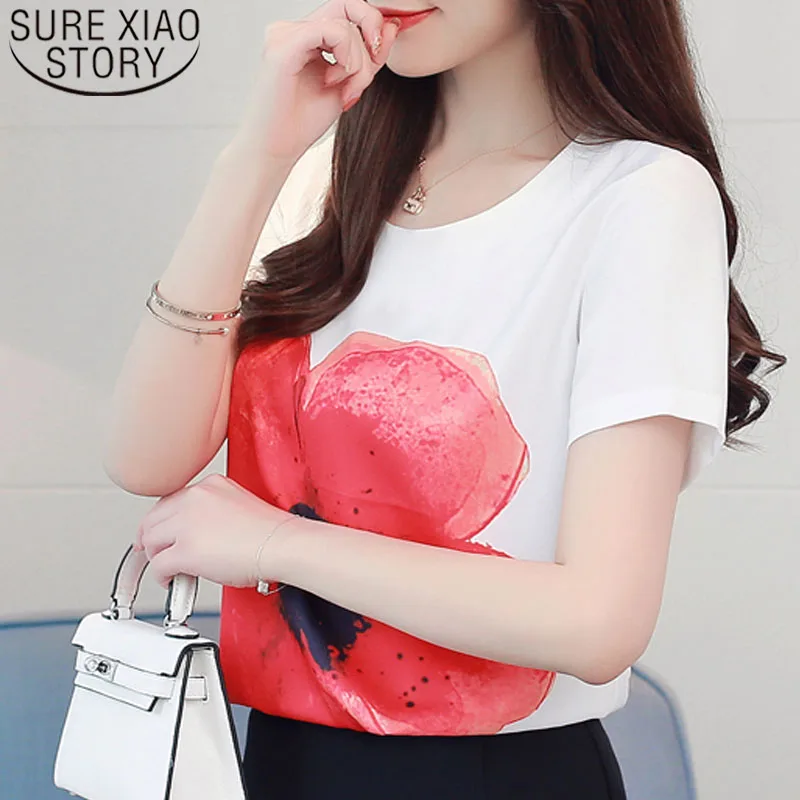 Fashion Women Shirts 2022 Ladies Tops White Shirt Chiffon Short Sleeve Floral O-neck Top For 4128 50 | Женская одежда